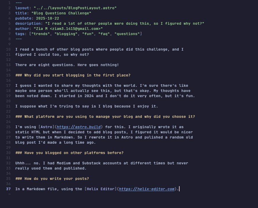 Helix editor with a blog post open